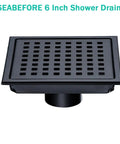 Refresh Your Shower Game With This Six Inch Square Floor Drain In Sleek Matte Black Featuring Burly 304 Stainless Steel Grid And Lightning Fast Two Inch High Flow Outlet Setup.