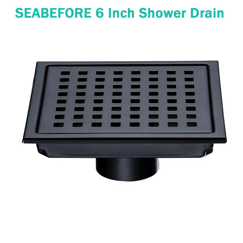 Refresh Your Shower Game With This Six Inch Square Floor Drain In Sleek Matte Black Featuring Burly 304 Stainless Steel Grid And Lightning Fast Two Inch High Flow Outlet Setup.