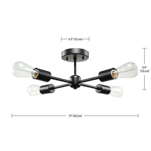 Vane Four Light Matte Black Flush Mount Ceiling Light With Open Socket Sputnik Style Dope Modern Minimalist Fixture dimensions