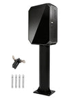 EV Charger Protector Box Pedestal Stand with key lock and mounting hardware, made of heavy duty galvanized steel for outdoor use.
