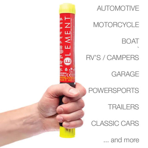 Hand holding a Straight Up No Hassle Compact Fire Extinguisher Packing Extended 100 Second Discharge for Car RV Boat Shed Storage.