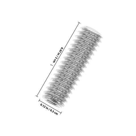 Close-up of a silver steel screw from 10 Piece Full Thread Hex Socket Screws Set Self Tapping Cup Point Grub Screws Replacement Kit.