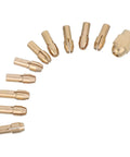 11 Piece Precision Drill Chuck Collet Kit For Rotary Tool Perfect For Copper Gold Polishing Engraving Heavy Duty Grinding And Crafting Multipurpose Power Tool Setup includes brass collet nuts arranged in a curved line.