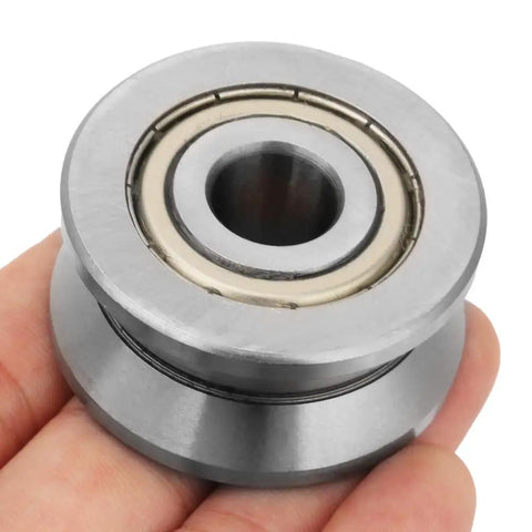 LV201ZZ V Groove Ball Bearing 12X41X20mm Sealed Guide Rail Component held in hand showing waterproof seal and steel build.