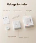 Contents of D110 Bluetooth Label Maker With Thermal Printer, Compact Home Office Labeler For School package, including label maker, tape, manual, and cable.