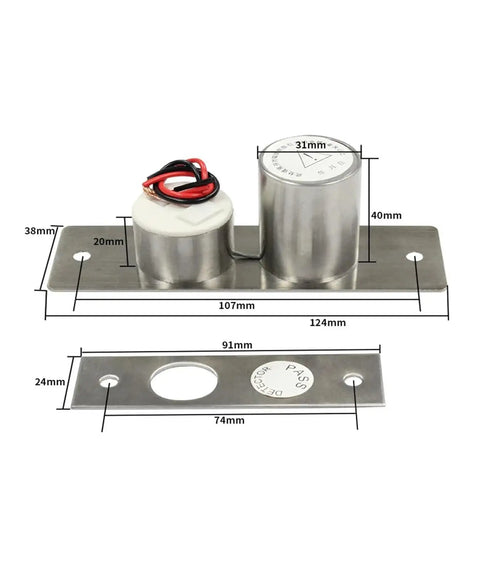 Heavy Duty Gate Door Electronic Access Control System Featuring Magnetic Glass Lock Tech, stainless steel components with measurements.
