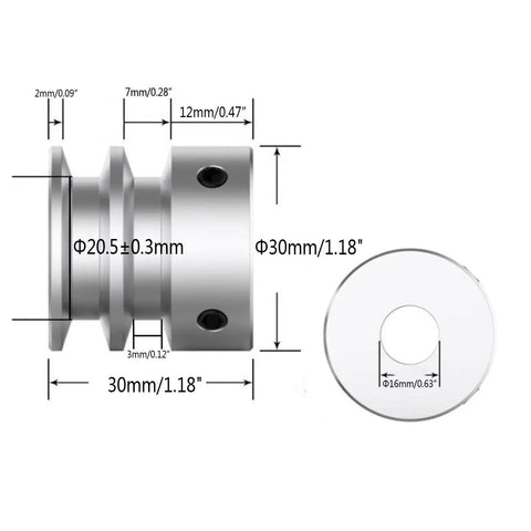 Pro Class Aluminum Double Groove Pulley Featuring 30mm Outside Diameter And 16mm Fixed Bore Built For Drilling Machines Compatible With 6mm Pu Round Belts Hella Durable And No Drama Setup dimensions and side view