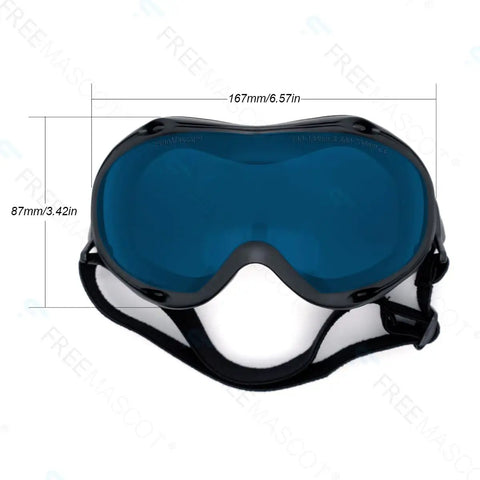 Professional OD Four Plus Laser Safety Glasses Offering Heavy Duty Violet And Red Light Filtration Straight Up Built For Precise Lab Workflows With Crisp 30 Percent Clarity And Snug Comfort Fit top view showing blue lenses and snug fit.