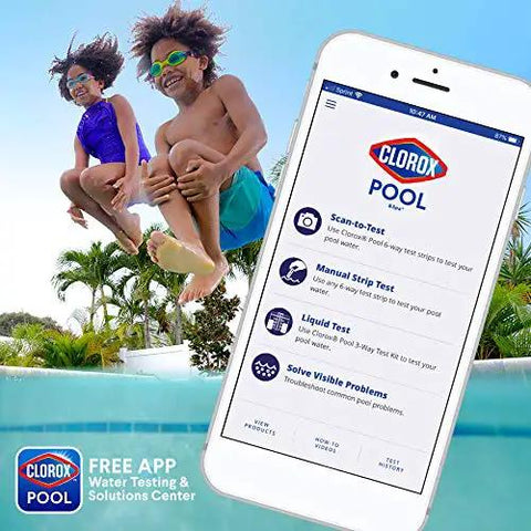 Swimsuit Ready 3 Way Water Test Kit For Swimming Pool Checks Bromine Chlorine And Ph Levels Instantly showing kids jumping into pool with Clorox Pool app on phone.