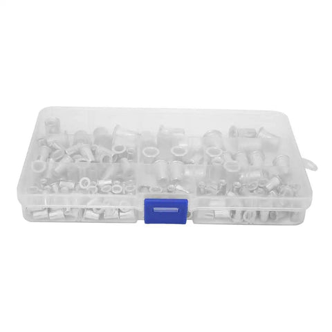 Beefy Aluminum Rivet Nut Kit M3 To M8 Threaded Inserts in clear storage case with blue latch