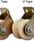 Image of two types of sliding door track wheels: V-Type and U-Type, made of nylon and metal for durable use.