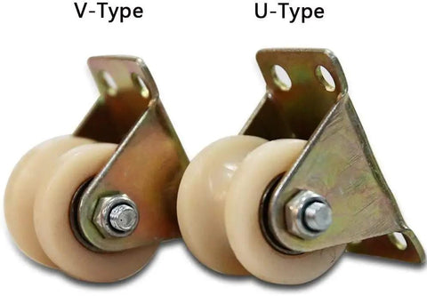 Image of two types of sliding door track wheels: V-Type and U-Type, made of nylon and metal for durable use.