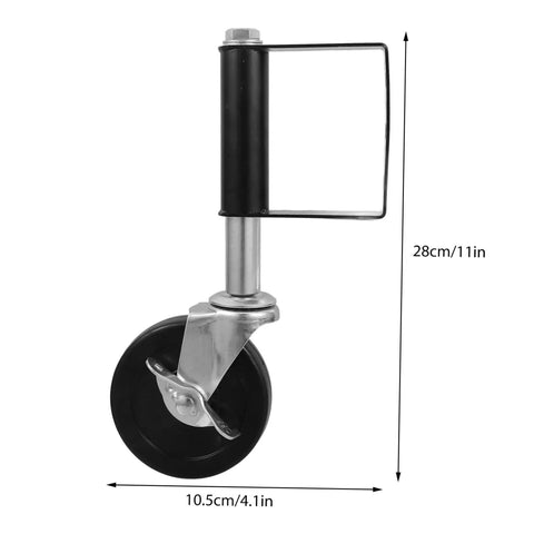 Heavy Duty Spring Loaded Gate Caster Wheels With Kickass Shock Absorbing Design And Height Adjustable Track For Super Slick Low Noise Outdoor Fence Rolling Setup showing dimensions 28cm height and 10.5cm wheel.