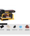 Heavy Duty Badass Two In One Benchtop Belt Sander And High Speed Disc Grinder Combo Station with accessories and tool details.