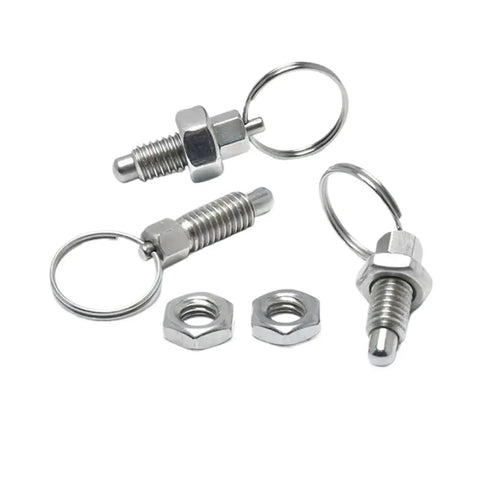 Bulletproof Stainless Steel Spring Plunger Pins Two Piece Kit M10 By Twenty Millimeter with pull rings and nuts.