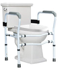 Rock Solid Free Standing Toilet Safety Rail With Quick Adjust Height And Width Settings secure bathroom handrail beside a toilet.