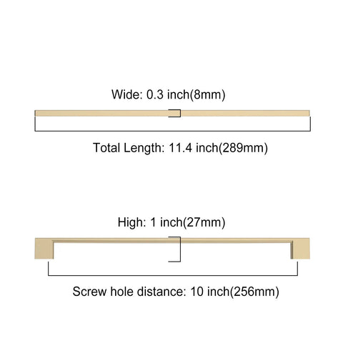 Top Tier Ten Inch Brushed Brass Cabinet Handles And Sturdy Long Drawer Pulls 10 Pack dimensions showing length 11.4 inch, width 0.3 inch.