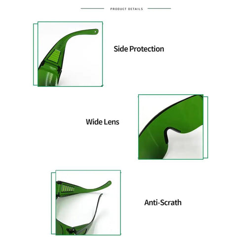 Top Shelf Anti Fog Safety Glasses With Kickass Green Lenses And Prescription Friendly Design showing side protection, wide lens, and anti-scratch features.