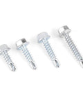 All In One Self Tapping Screw Kit 200 Piece Durable Zinc Iron Screws With Thread Storage Case close-up of four screws