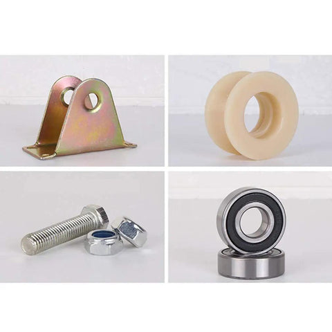 Heavy Duty Nylon Track Rollers Featuring Rock Solid Double Bearing Dual Arc Groove Pulley Wheels Built Damn Tough For Smooth Operator Performance On Sliding Doors Rolling Gates And Wire Rope Rails, showcasing metal bracket, nylon wheel, bolt and bearing.