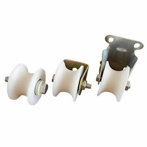 Hella Smooth U Groove Track Nylon Bearing Roller Guide Wheel for Sliding Doors Patio Windows and Hanging Cable Pulleys featuring Rock Solid Casters and Zero Friction Movement in white nylon.