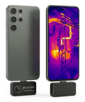 Grab And Go Portable Android Type C Thermal Camera 128 By 96 IR Resolution With Plug And Play Home Inspection Ready For HVAC Auto And Pet Detection Clear Thermal Imaging And Real Time Temperature Readouts, aluminum USB-C module on phone