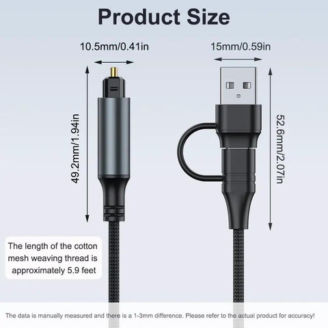 USB A And Usb Type C To Optical Fiber Audio Cable Converter dimensions, showing connectors and braided nylon cord for crisp sound.