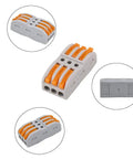 30 Pcs Lever Nut Wire Connectors SPL2 SPL3 Bundle For Quick Splice And Easy Wiring Smooth No Fuss Conductor Clamps Compact Terminal Blocks Made From Flame Retardant Nylon PA66 Spring Loaded Safe Durable Electrical Connectors. Side and top views, gray with orange levers.