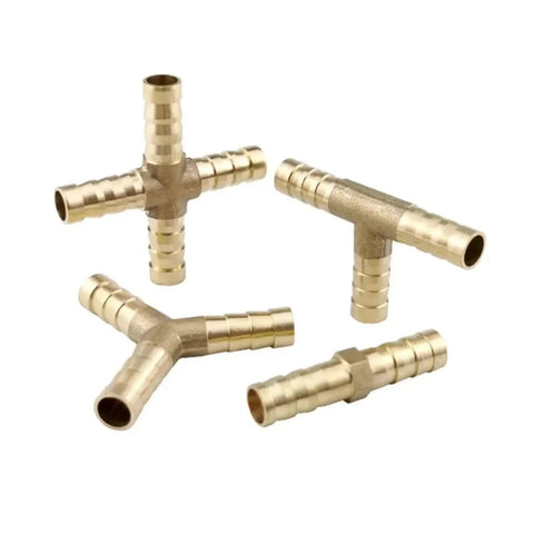 Brass Hose Barb Fitting Cross Tee Elbow Straight Y Splitter Connector For Garden Hose Two Way Three Way Four Way Fittings In Four Five Six Eight Ten Twelve Fourteen Sixteen Nineteen Twenty Five Millimeter Sizes Durable Corrosion Resistant brass hose barb fittings shown in cross, tee, Y, and straight styles