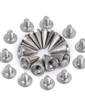 Front view of 10 silver cone rivet studs with washer bases for leather clothes, bags, and shoes.