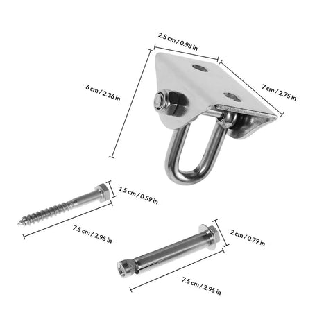 Heavy Duty Stainless Steel Hanging Hook With 360 Degree Rotation For Punching Bags And Hammock Chairs Indoor Outdoor Mounting Hardware Silver Finish Sturdy Suspension Kit Built To Last And Easy To Install, with screw and bolt measurements