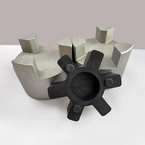 Heavy Duty Jaw Coupling Built Tough For High Flexibility And Slick Shaft Alignment delivering reliable torque transfer, featuring metal and rubber components.