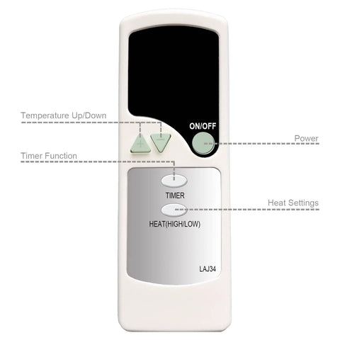 Dope Replacement Remote For Cyclonic Ceramic Heater Featuring Straight Up Wireless Temp Tweaks And Dead Simple Pairing, detailed buttons view.