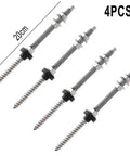 Rock Solid Stainless Steel Double Ended Wood Screws For Solar Panel Mounting Kit 200mm four piece set on white background.
