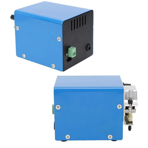 Peristaltic Liquid Pump With Adjustable Speed And Two Way Flow For Lab Dosing And Vacuum Applications Durable Hose Pump With Silicone Tubing Strong Suction And Precise Fluid Transfer. Image shows compact blue pump device suitable for lab use.