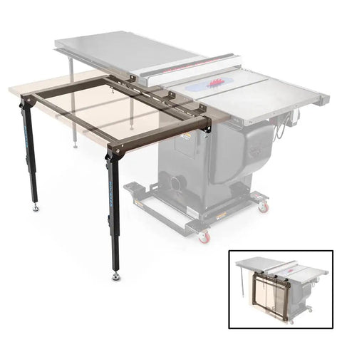 Folding Table Saw Outfeed Kit with adjustable height legs and foldable steel frame attached to a cabinet saw, side view.