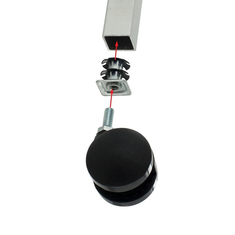 Double Star Threaded Caster Inserts Heat Treated Steel Fits One Inch Square Tubing Sixteen To Eighteen Gauge Five Sixteenths By Eighteen Thread Deep Setting For Secure Mount Flush Fit Four Pack showing installation into a square tube
