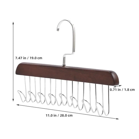 Solid Wooden Closet Organizer Dual Pack Featuring Eight Smooth Stainless Steel Hooks for scarves and ties, dimensions shown
