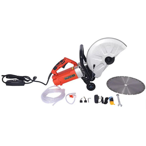 Heavy Duty 3000W Electric Concrete Saw Featuring Wet And Dry Cutting Modes With Water Line Hose and accessories.