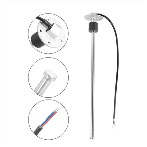 Hella Reliable 2 Wire Flange Fuel Level Sender With 5 Hole Plate And 0 To 90 Ohm Readout showing stainless steel sensor and wiring.