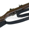 M1 Garand USGI Pattern Web Sling Two Point Black Cotton Made In USA attached to rifle with parkerized steel hardware