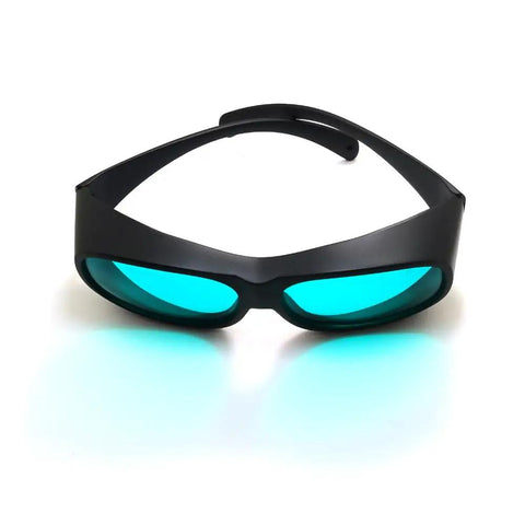 Top Shelf Red Laser Safety Glasses Delivering Straight Up Heavy Duty OD4 Plus Eye Shield Spannin 620 To 700 Nm While Keepin Ya Secure From 635 650 And 694 Nm Beams In Any Setup, with teal lenses and a black frame.
