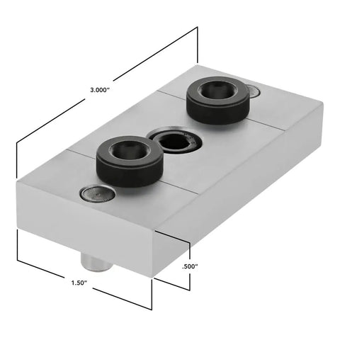 Top Shelf Self Centering Drill Jig For 1.5 X 3 T Slot Aluminum Extrusion with dowel pins and precise dimensions.