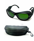 Pro Grade IPL Laser Safety Eyewear For Aesthetic Techs And Spa Pros OD Five Wide Specter, black glasses with green lenses and case.