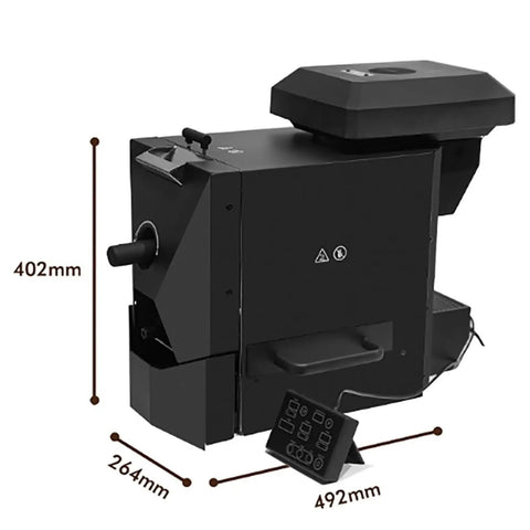 Automatic Electric Coffee Bean Roaster With Built In Smoke Filter And Chaff Collector, Three Custom Roasting Profiles, Smokeless Drum Machine side view with measurements.