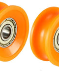 Dead Reliable 2 Pack V Groove Bearing Pulley Rail Ball Wheel with heavy duty steel bearings, orange nylon, designed for smooth glide.