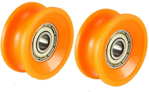 Dead Reliable 2 Pack V Groove Bearing Pulley Rail Ball Wheel with heavy duty steel bearings, orange nylon, designed for smooth glide.