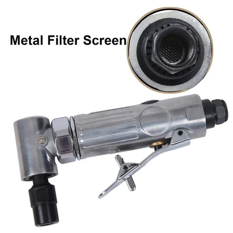 Heavy Hitter 90 Degree Angle Sander With 2000 RPM Variable Throttle And Inline Regulator Compact Pneumatic Mini Grinder showing metal filter screen.