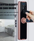 High Tech Fingerprint Electronic Smart Door Lock Keyless Entry Handle with Virtual Password and Remote Control in use with magnetic card.