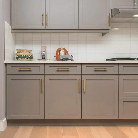 Straight Up Heavy Duty Cabinet Pulls Top Shelf Antique Brass Finish 5 Inch Chunky Square Drawer Handles 10 Pack on kitchen cabinets.